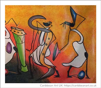 Cubist depiction of a three woman jazz trio